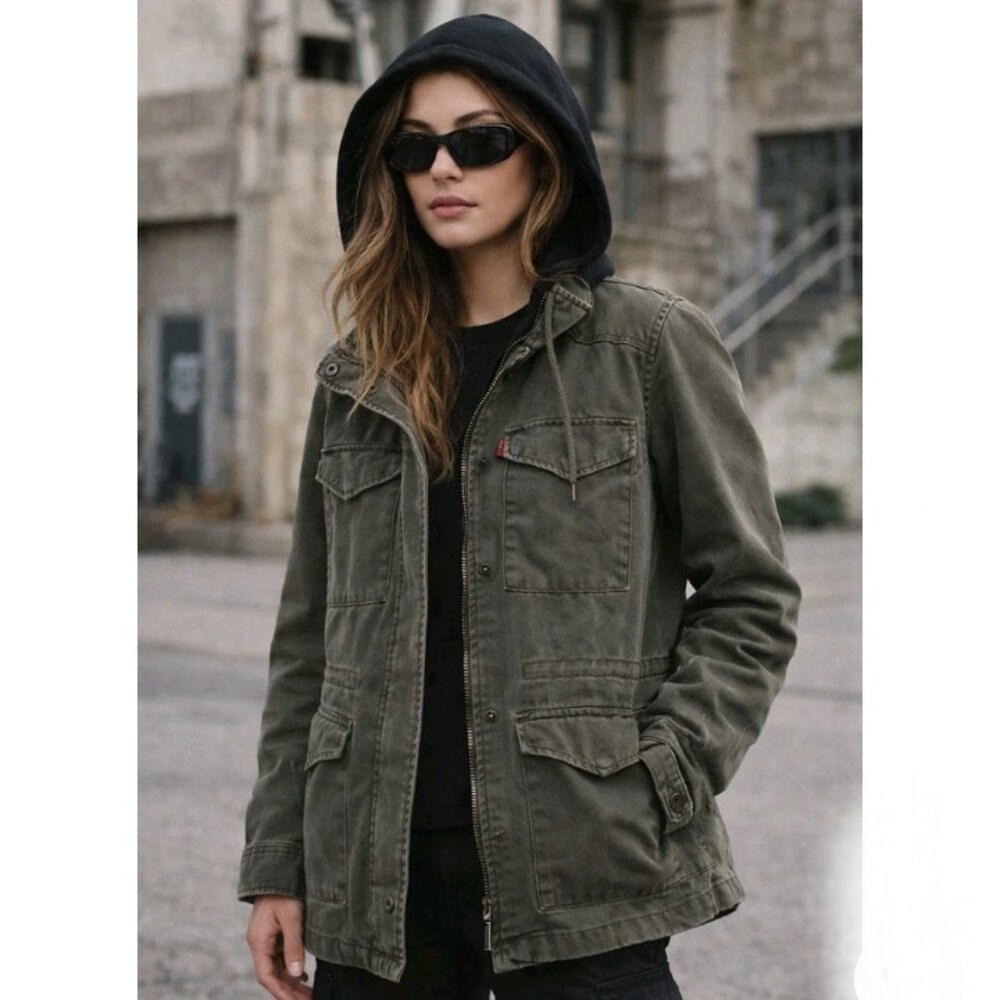 Levi’s Womens XS Olive Green Utility Military Jacket Removable Hood Y2K